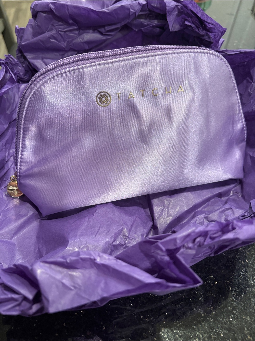 Tatcha Lavender Satin Cosmetic Pouch with Gold Logo